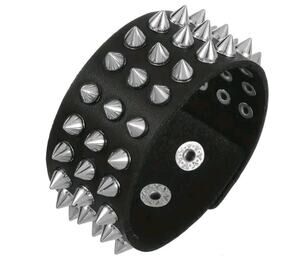 Black Leather Punk Rock Spike Cuff Bracelet Triple Row Studs Snap Wristband New